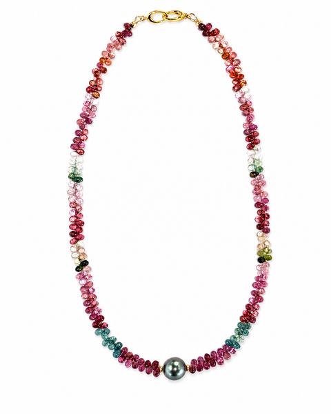 Watermelon Tourmaline Tahitian Pearl Kela Necklace