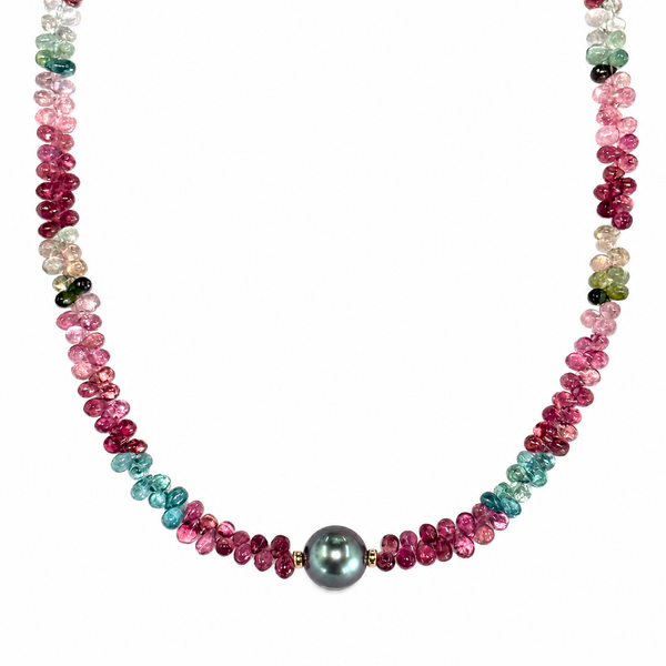 Watermelon Tourmaline Tahitian Pearl Kela Necklace
