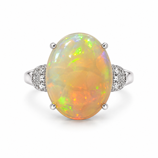 14K White Gold Ethiopian Opal and Diamond Moana Ring