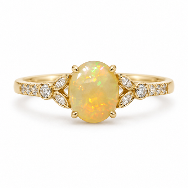 14K Yellow Gold Ethiopian Opal and Diamond Mahina Ring