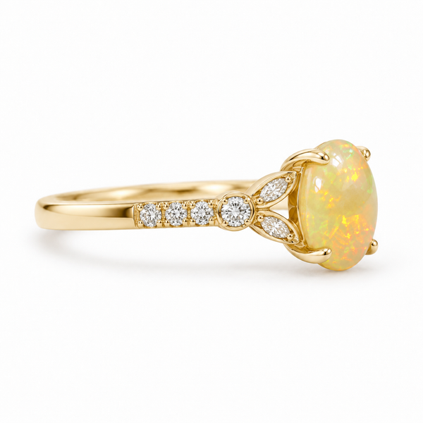 14K Yellow Gold Ethiopian Opal and Diamond Mahina Ring