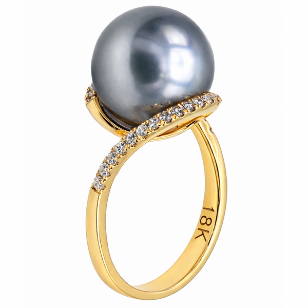 14KY Black Tahitian Pearl & Diamond Ring