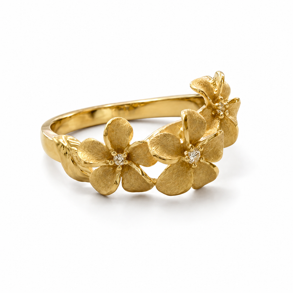 14KY Triple Plumeria & Maile Diamond Ring