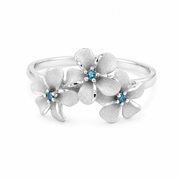 14KW Three Plumeria Blue Diamond Ring