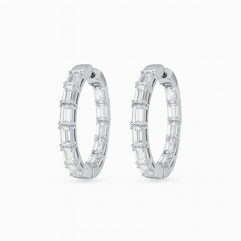 14KW Emerald Cut Diamond Hoop Earrings