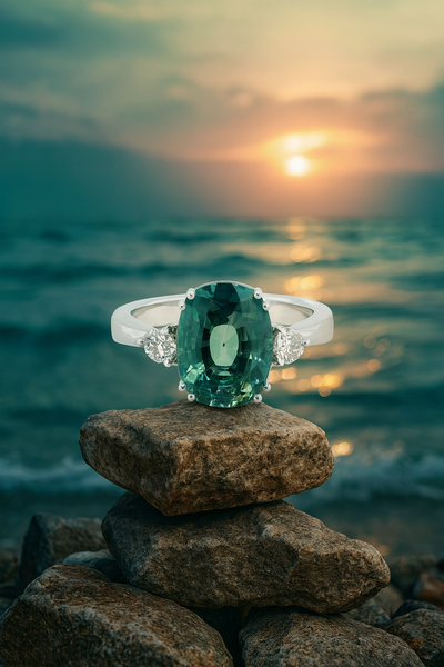 18KW GIA Natural No Heat Greenish Blue Sapphire Ring