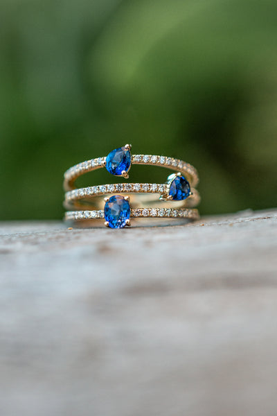 14KY Triple Blue Sapphire Diamond Ring