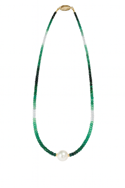 18KY Emerald Ombré Beaded Necklace with White South Sea Pearl