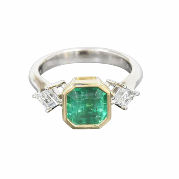 18K Two Tone Bezel Emerald Diamond Ring