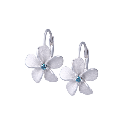 14KW Plumeria & Blue Diamond Leverback Earrings