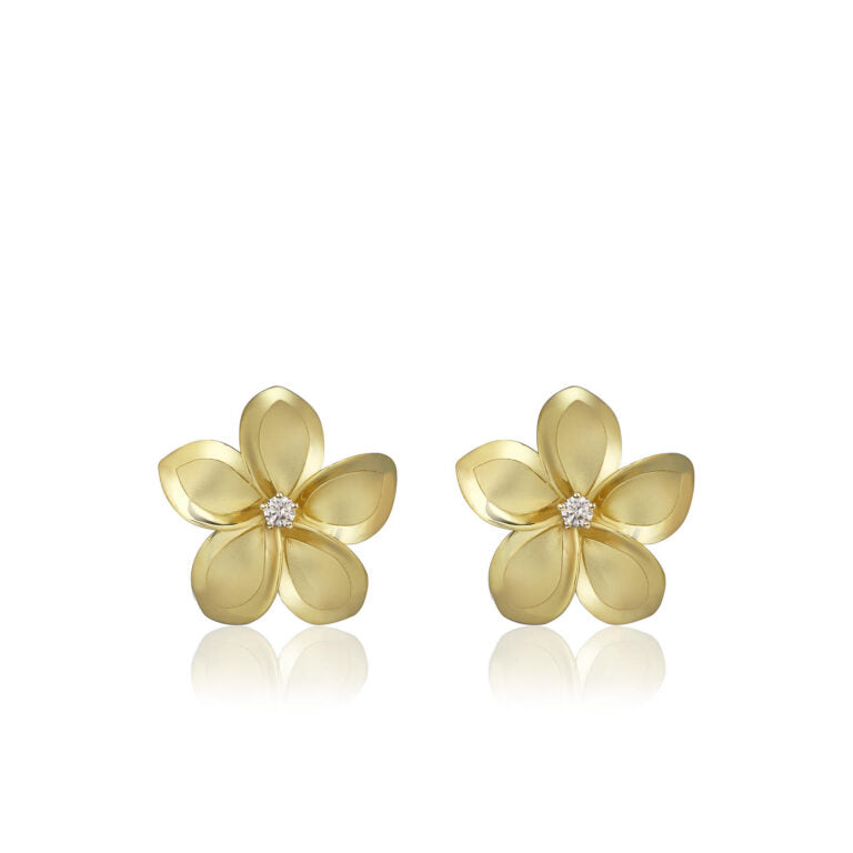 14KY 15mm Plumeria Diamond Studs