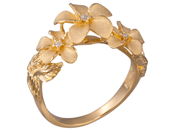 14KY Triple Plumeria & Maile Diamond Ring