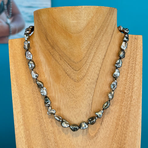 thumbnail interactive-video image 1 of 7-8mm Freshwater Pearl Necklace – 45cm – Silver Plated – Tahitian Black – Handmade 1 of 4
