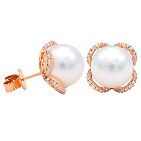 18KR White South Sea Pearl Floral Halo Stud Earrings