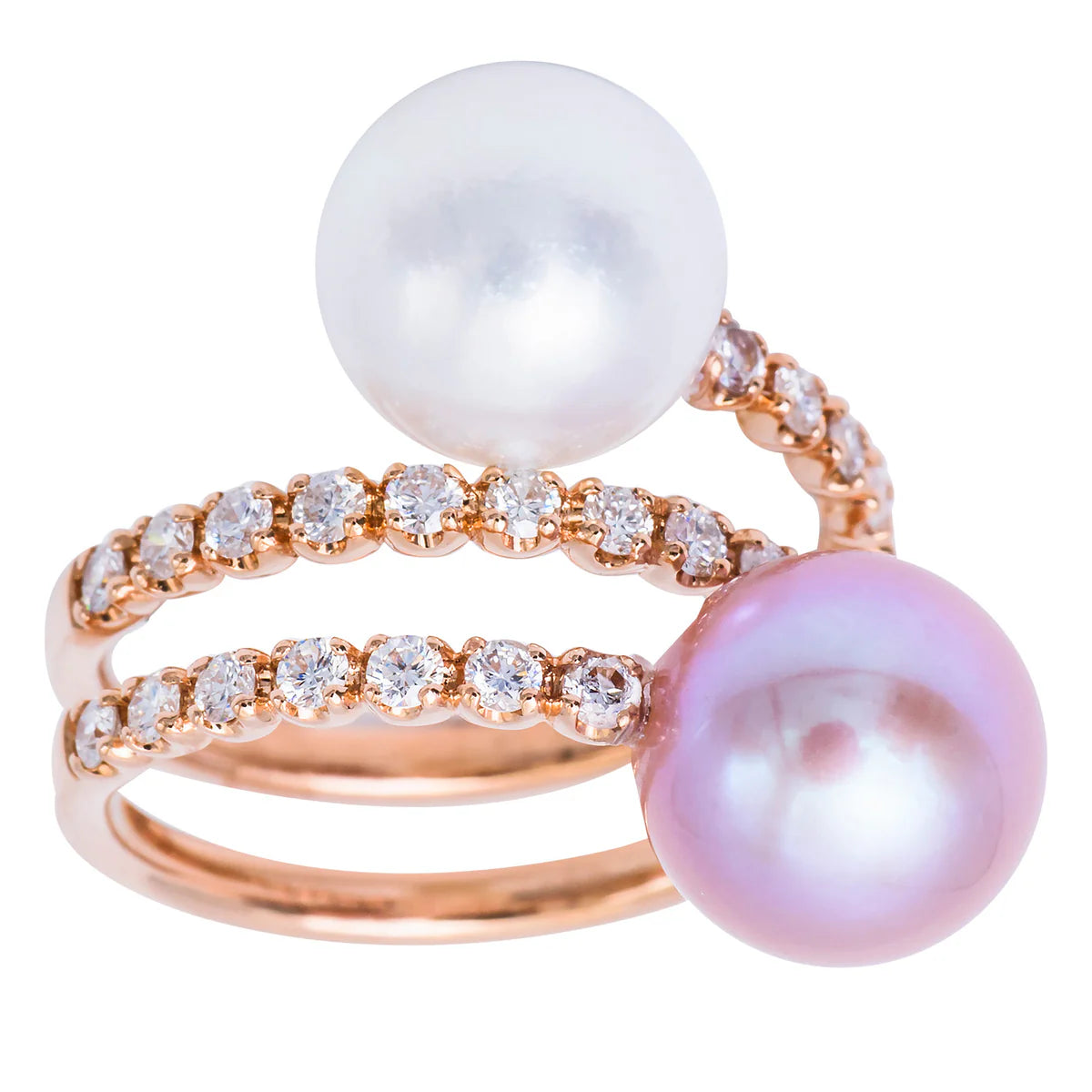 18KR White and Pink Pearl Spiral Diamond Ring