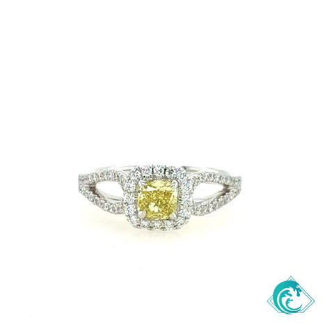 18KW GIA Fancy Yellow Cushion Diamond Ring