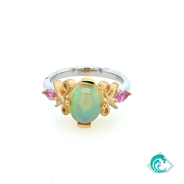 18K Two Tone Opal & Pink Sapphire Ring