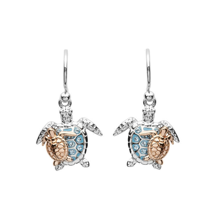Silver SW Crystal Turtle and Baby Drop Earrings Rose Plate