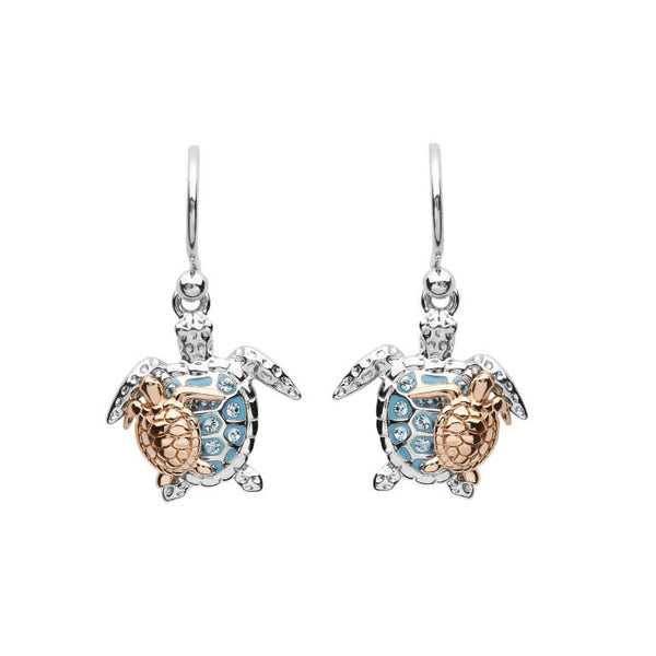 Silver SW Crystal Turtle and Baby Drop Earrings Rose Plate