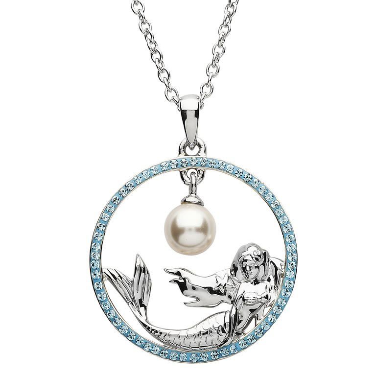 Silver Mermaid Necklace Aqua Swarovski Crystals and Pearl