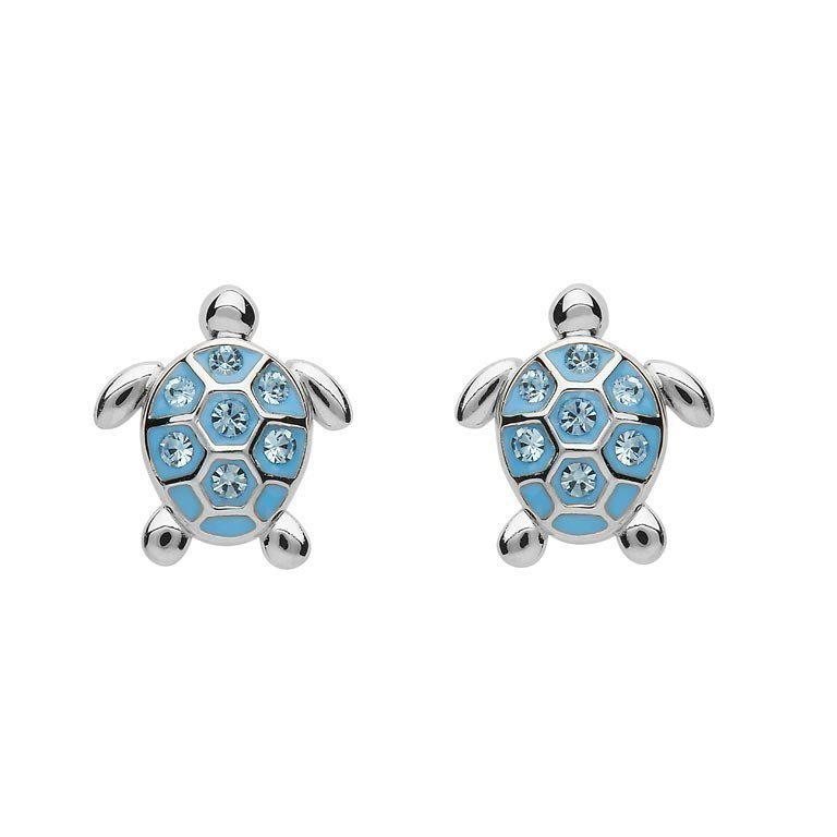 Sterling Silver Stud Turtle Aqua Crystal Earrings