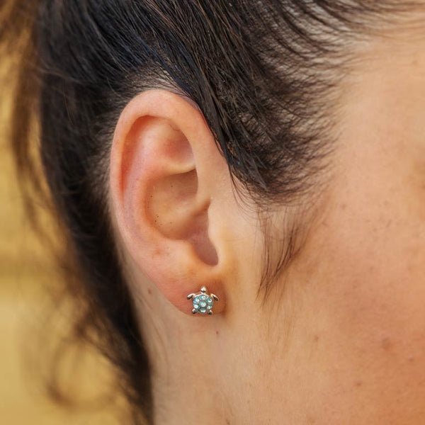 Sterling Silver Stud Turtle Aqua Crystal Earrings