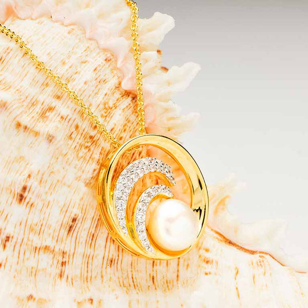 14KT Gold Vermeil CZ / Pearl Wave Necklace