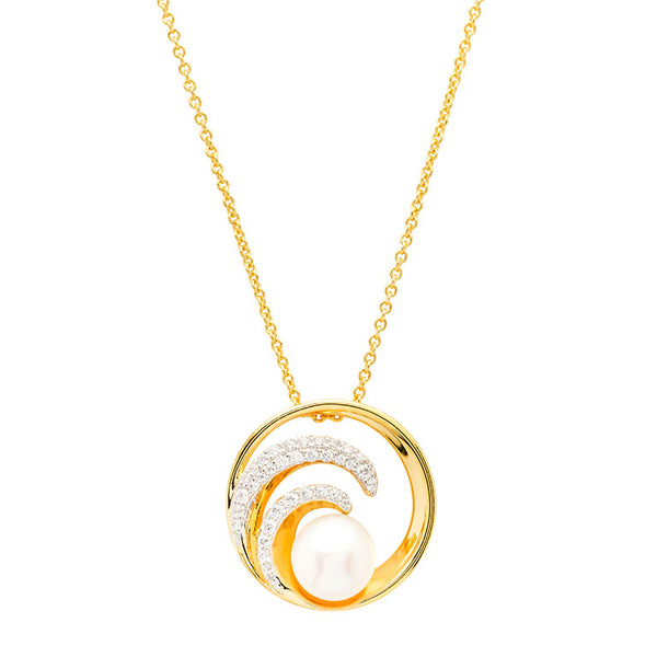 14KT Gold Vermeil CZ / Pearl Wave Necklace