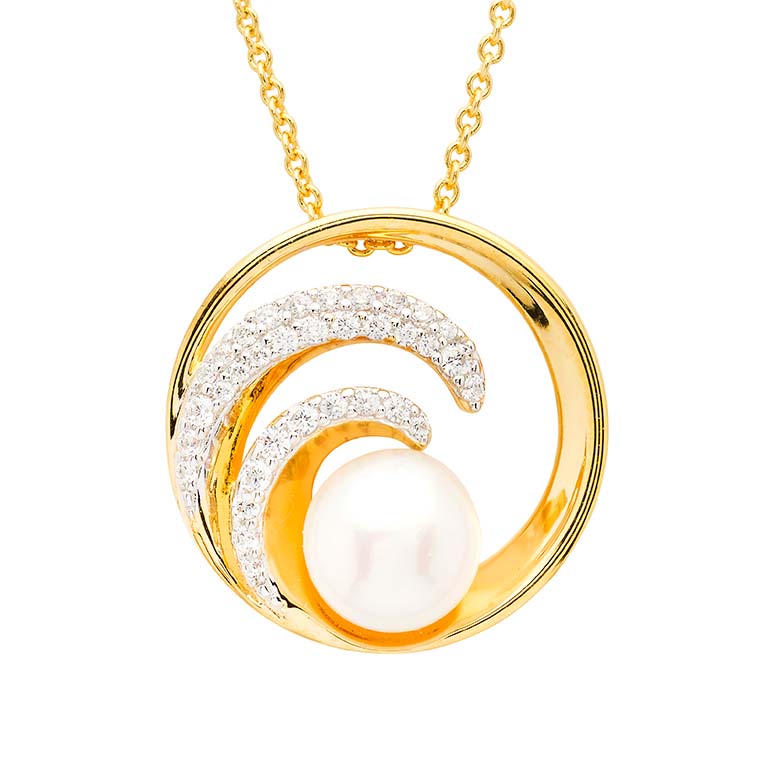 14KT Gold Vermeil CZ / Pearl Wave Necklace