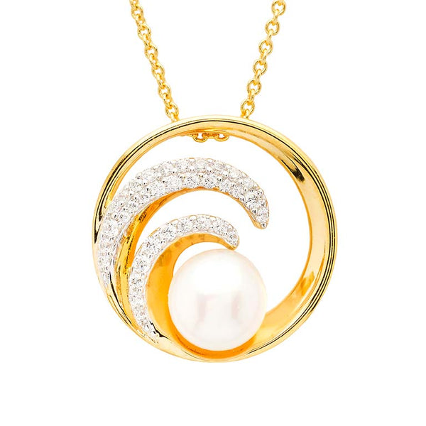 14KT Gold Vermeil CZ / Pearl Wave Necklace