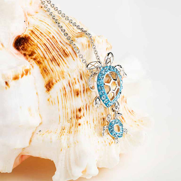 Sterling Silver Aqua Crystal Turtle Necklace