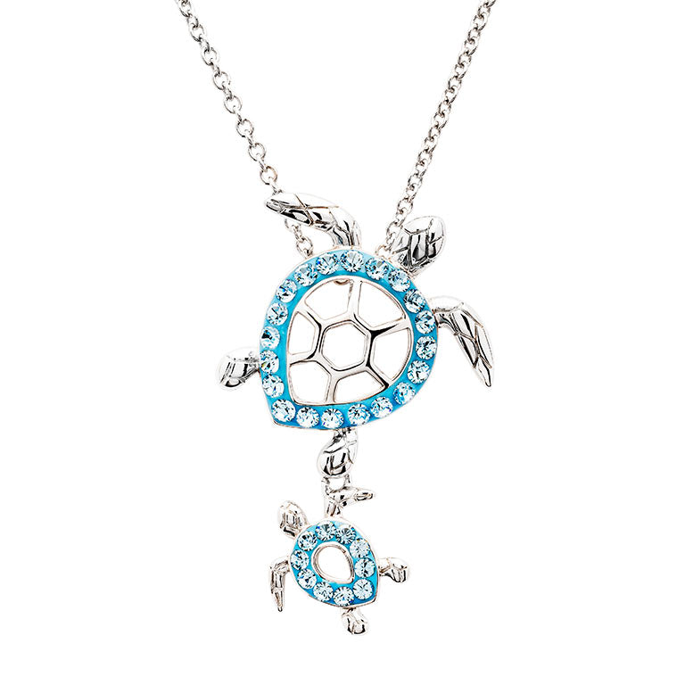 Sterling Silver Aqua Crystal Turtle Necklace
