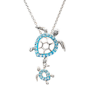 Sterling Silver Aqua Crystal Turtle Necklace