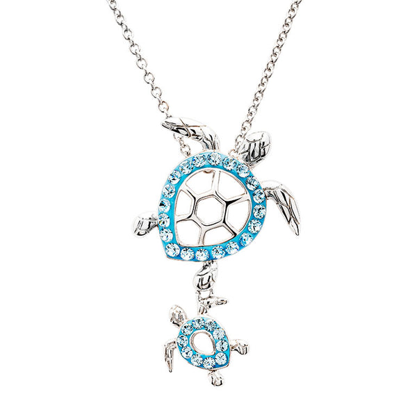 Sterling Silver Aqua Crystal Turtle Necklace