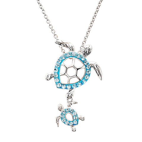 Sterling Silver Aqua Crystal Turtle Necklace