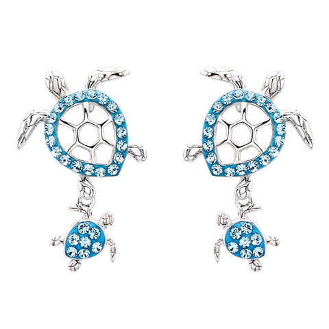 Sterling Silver Aqua Crystal Turtle Earrings