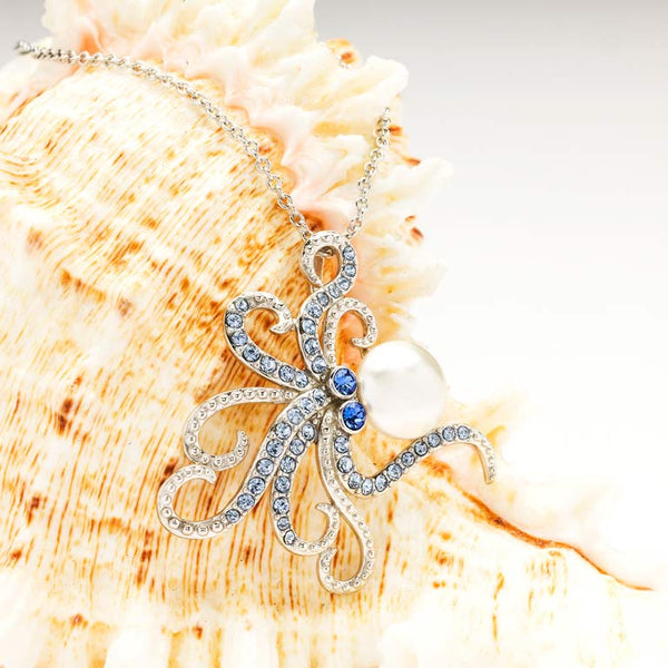 Sterling Silver Pearl and Crystal Octopus Necklace
