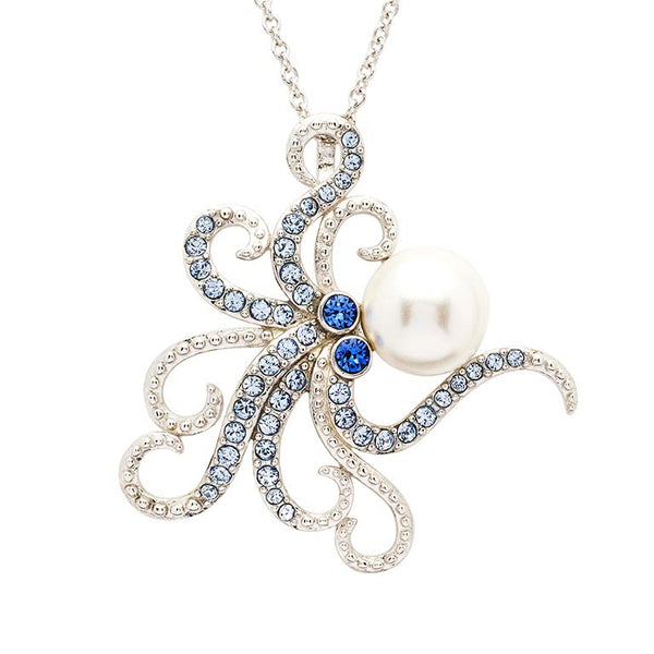 Sterling Silver Pearl and Crystal Octopus Necklace