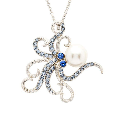 Sterling Silver Pearl and Crystal Octopus Necklace