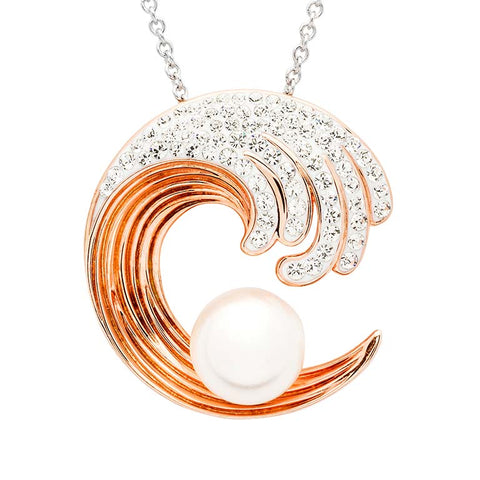 Sterling Silver Pearl / Crystal Rose Gold Wave Necklace