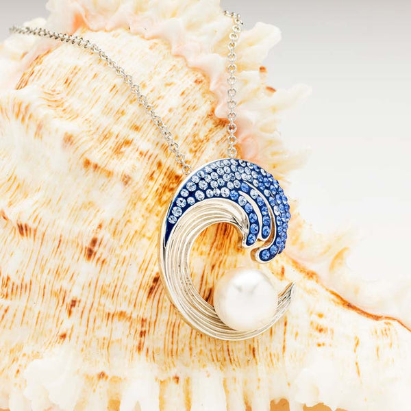 Sterling Silver Pearl / Sapphire Crystal Wave Necklace