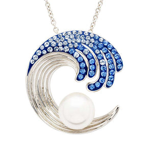 Sterling Silver Pearl / Sapphire Crystal Wave Necklace
