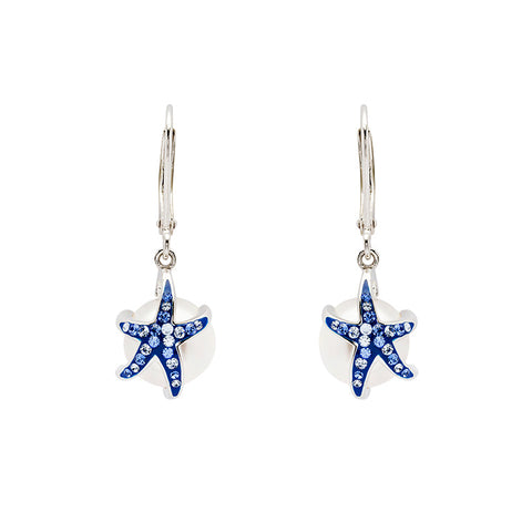 Sterling Silver Pearl / Sapphire Crystal Starfish Earrings