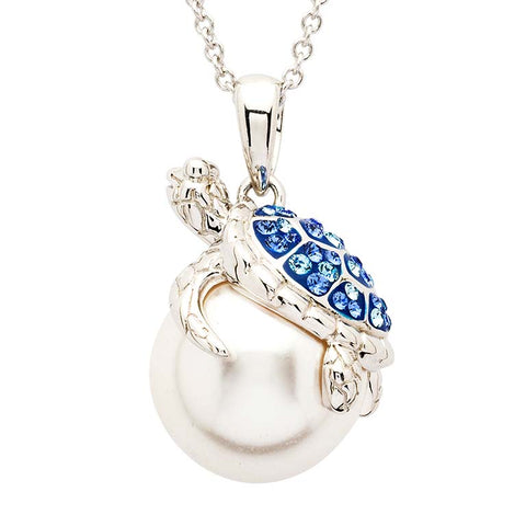 Sterling Silver Pearl / Sapphire Crystal Turtle Necklace