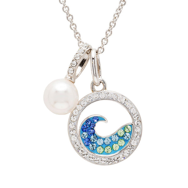 Sterling Silver Aqua Crystal/Pearl Wave Necklace