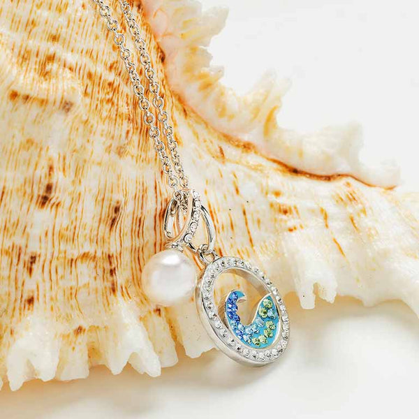 Sterling Silver Aqua Crystal/Pearl Wave Necklace