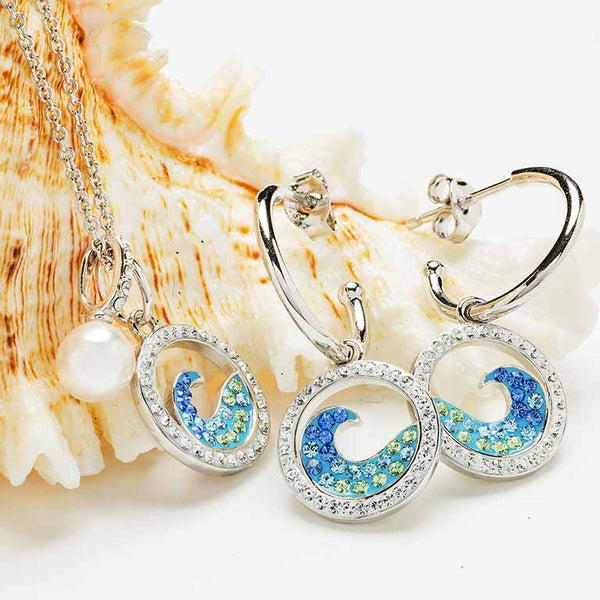 Sterling Silver Aqua Crystal/Pearl Wave Necklace