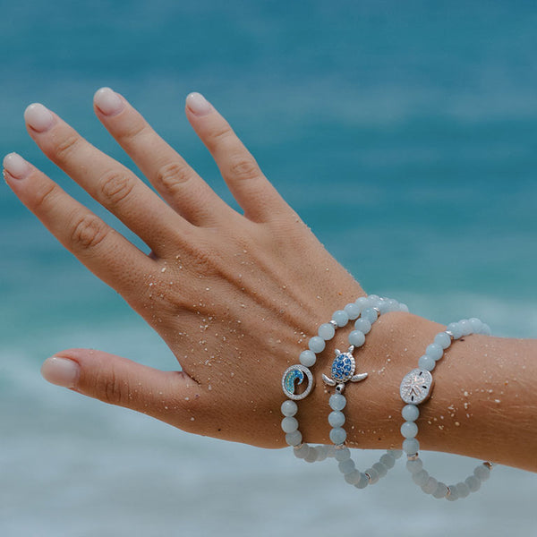 Sterling Silver Sand Dollar Aqua Stretchy Bracelet