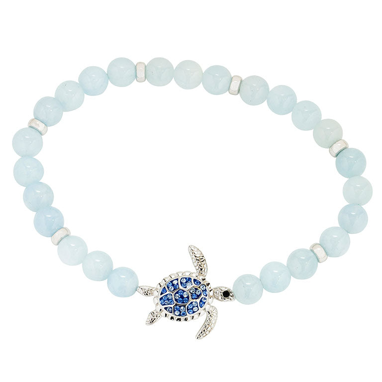 Sterling Silver Turtle Aqua Stretchy Bracelet