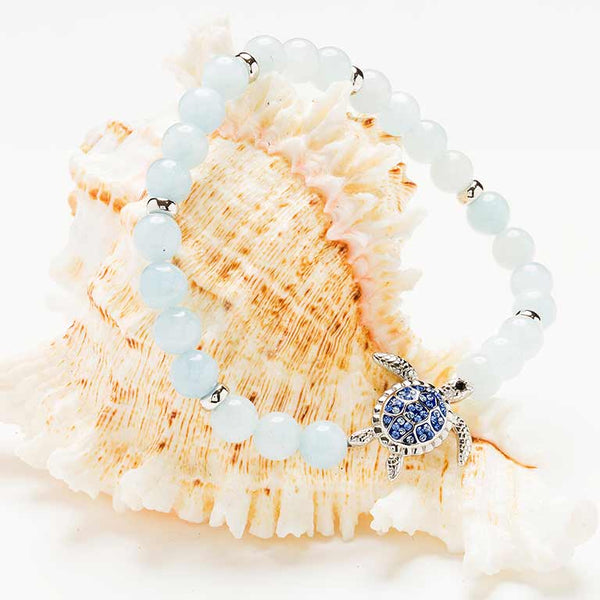 Sterling Silver Turtle Aqua Stretchy Bracelet